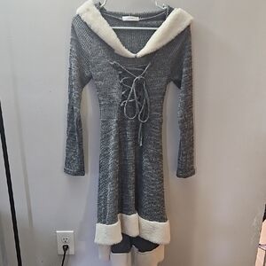 Gray and White Ruched Tie Front Long Sleeve Sweater Dress